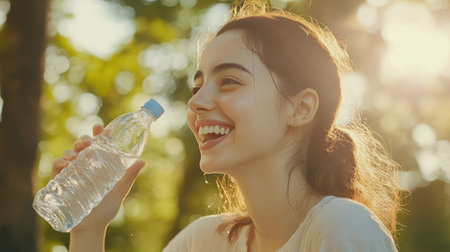 A happy woman drinking water with a refreshing expression, her face glowing in warm light, capturing the essence of hydration.の素材