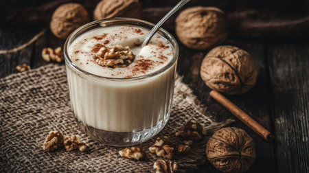 A spoon lifting a creamy portion of yogurt from a glass bowl, with a sprinkle of cinnamon and nuts on top, set on a rustic table.の素材