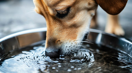 Close-up of a dog's whiskers and nose as it drinks from a metal bowl, capturing details in both the dog's fur and the water movement.の素材