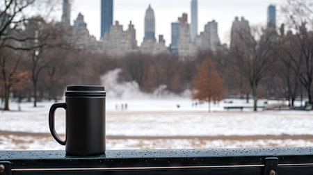 A matte black thermos mug filled with hot coffee on a city park bench, with steam and distant urban skyline in view.の素材