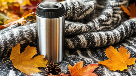 A stainless steel thermos mug with steam rising from hot coffee, placed on a cozy wool blanket with autumn leaves scattered around.の素材