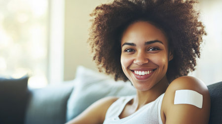 Woman smiling softly with a bandage on her arm, in a relaxed setting, representing health, self-confidence, and positive care.の素材