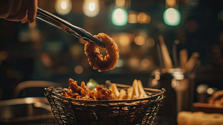 A hand with tongs picking up a caramelized onion ring from a basket, with crispy coating and a classic diner setup in the background.の素材