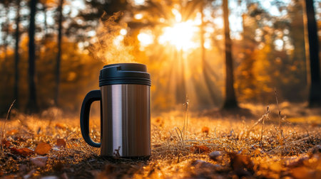 A thermos mug of hot coffee with steam in a morning forest, surrounded by dew-covered grass and sunbeams filtering through trees.の素材