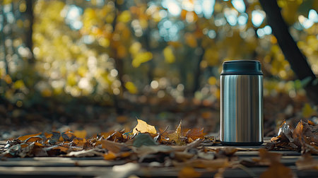 A thermos with hot tea on a wooden bench in the forest, with fallen leaves and morning sunlight highlighting the scene.の素材