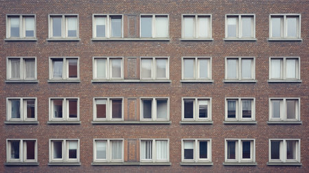 Bricks arranged neatly on an exterior wall, with mortar applied evenly, creating a uniform and classic look on the building's facade.の素材