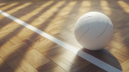 A volleyball positioned precisely on a wooden court, touching a white line, with a focus on texture and detail in the polished floor.の素材