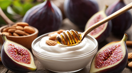 A spoon scooping up yogurt from a glass bowl, with fresh figs, almonds, and honey drizzled over the top for a gourmet touch.の素材