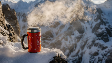 A thermos with coffee on a snowy mountain ledge, steam rising visibly against the cold winter air, evoking adventure and warmth.の素材