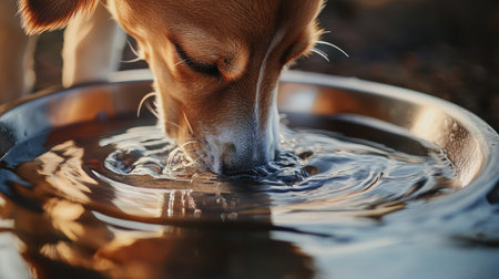 Close-up of a dog lapping water from a metal bowl, the ripples reflecting light, with the dog's nose and whiskers visible, showing detail and texture.の素材