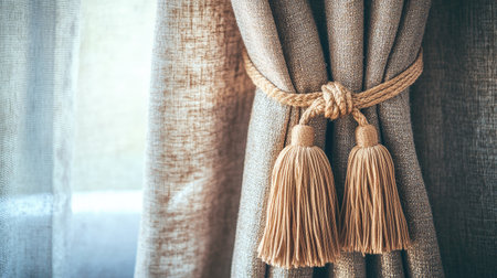 Close-up of a curtain with an ornate tassel tieback, the textured fabric draped smoothly, creating a warm, refined look in the natural light.の素材