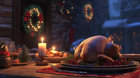 Classic Christmas dinner setup with a juicy roast turkey, holiday trimmings, and cozy candlelight on a festively decorated dinner table.の素材
