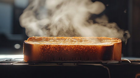 Close-up of a slice of toast in a toaster, with steam rising gently, highlighting the warmth of a freshly toasted breakfast.の素材