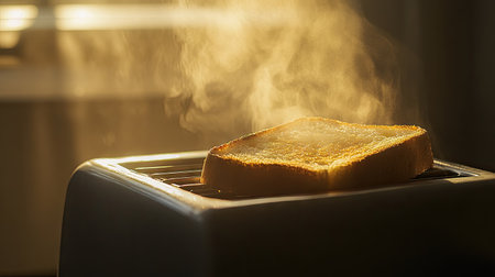 Close-up of a slice of toast in a toaster, with steam rising gently, highlighting the warmth of a freshly toasted breakfast.の素材