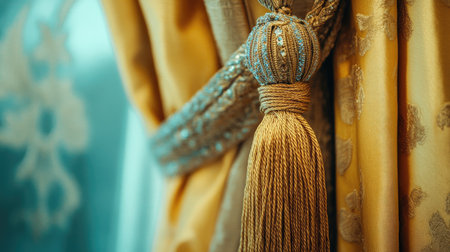 Close-up of silk curtain with an elaborate tassel tieback in metallic threads, emphasizing luxury and elegance in interior decor.の素材