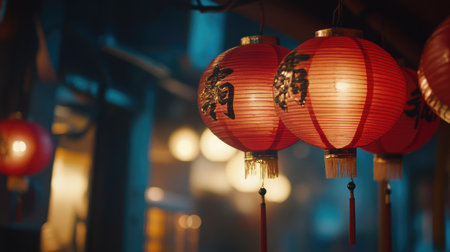 Close-up of red lanterns decorated with traditional characters, warmly glowing and symbolizing fortune for the New Year.の素材