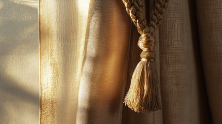 Detailed view of a silk curtain with a braided tassel tieback, softly reflecting light, evoking a classic and refined interior setting.の素材