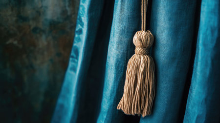 Deep-toned curtain held by a luxurious tassel tieback, capturing the essence of refined decor and the richness of traditional style.の素材