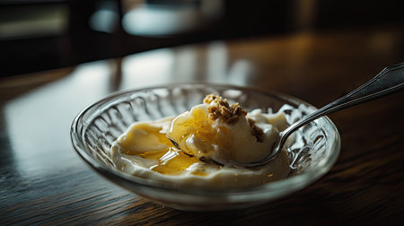 Close-up of a spoonful of yogurt from a glass bowl, with a drizzle of honey and granola, set on a breakfast table with natural light.の素材