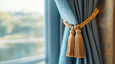 Close-up of a thick curtain fabric with a gold tassel tieback, the details in the fibers adding richness to a refined room ambiance.の素材