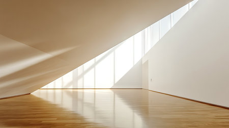 Empty room with high-quality oak flooring, natural light casting subtle highlights and shadows, creating a sophisticated, open setting.の素材