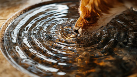 Close view of a dog's face as it drinks from a metal bowl, showing detail in fur and water ripples, set on a clean tile floor.の素材