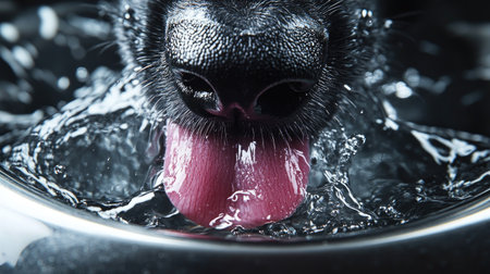 Close-up of dog's tongue lapping water from a metal bowl, water rippling and light reflecting off the stainless steel, creating a fresh, dynamic scene.の素材