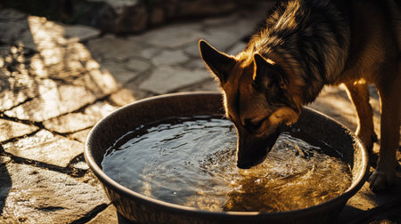 Dog drinking from a large metal bowl, water rippling as it laps, with a warm indoor light adding a cozy touch to the scene.の素材