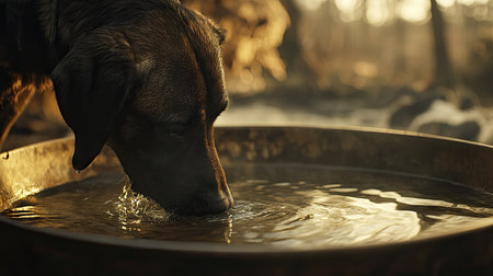 Dog drinking from a large metal bowl, water rippling as it laps, with a warm indoor light adding a cozy touch to the scene.の素材