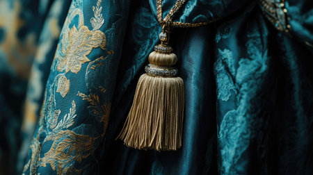 Deep-toned curtain held by a luxurious tassel tieback, capturing the essence of refined decor and the richness of traditional style.の素材