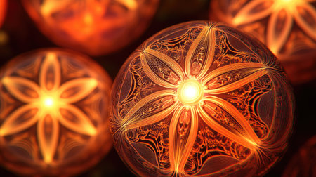 Close-up of intricately designed Chinese lanterns glowing warmly, with traditional patterns celebrating the Lunar New Year season.の素材