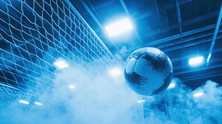 Dramatic shot of a soccer ball in the net with light steam in an empty stadium, under intense lighting, suggesting a recent goal.の素材