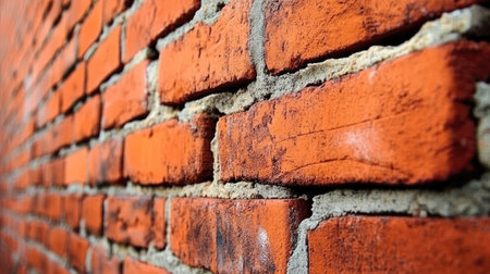 Close-up of the brickwork on an exterior wall, with red bricks laid in a consistent pattern and fresh mortar creating a durable surface.の素材