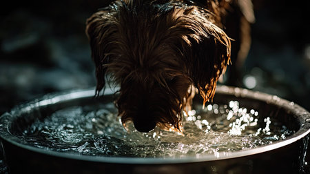 Dog with soft fur drinking from a reflective metal bowl, water droplets around the rim and light adding sparkle to the refreshing moment.の素材