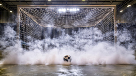 Dramatic shot of soccer ball in goal net, surrounded by steam in an empty stadium, with moody, bright lighting.の素材