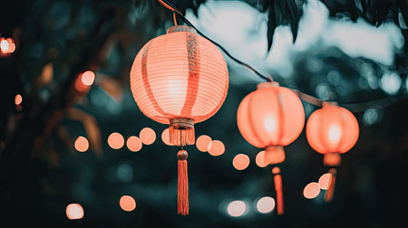 Red lanterns hanging gracefully in a line, with the soft glow of evening light capturing the warmth of Chinese New Year traditions.の素材