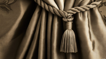 Elegant curtain with a braided tassel tieback, the folds held perfectly, showing the soft sheen of the fabric in subtle light.の素材