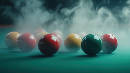 Close-up of snooker balls positioned for a break shot, with steam subtly swirling over the green felt.の素材