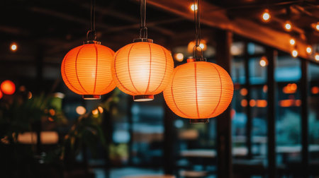 Red lanterns hanging gracefully in a line, with the soft glow of evening light capturing the warmth of Chinese New Year traditions.の素材