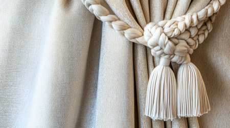 Richly textured curtain with a soft, braided tassel tieback, the folds forming gentle lines and enhancing the room's luxury feel.の素材