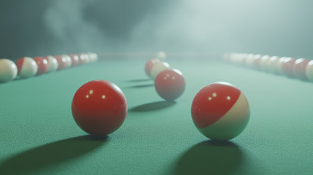 Snooker balls aligned on a pristine green felt table, with a light mist hanging over, creating a moment of calm before the action.の素材