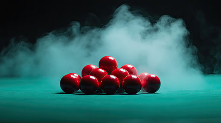 Snooker table with a well-arranged triangle of red balls, highlighted by soft steam, evoking the focus and atmosphere of the game.の素材