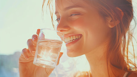 Smiling woman holding a glass of water to her lips, her expression relaxed and refreshed, with gentle light adding warmth.の素材