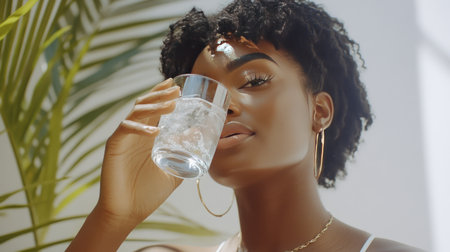 Smiling woman drinking water from a glass, her expression one of relaxation and refreshment, with natural light streaming in.の素材