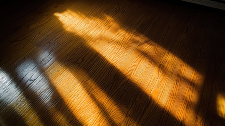 Sunlit, empty room with pristine oak wood flooring, shadows cast across the floor, showcasing the rich, natural texture and warmth of the wood.の素材