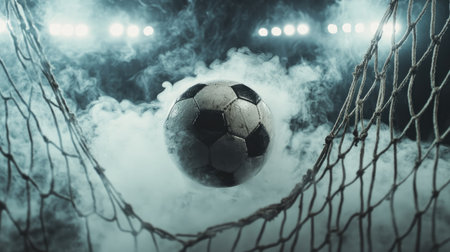 Soccer ball wedged in the net with steam rising, surrounded by an empty stadium with dramatic lights from above.の素材