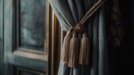 Sophisticated curtain draped with a plush tassel tieback, in close-up, highlighting luxurious textures and refined decor.の素材