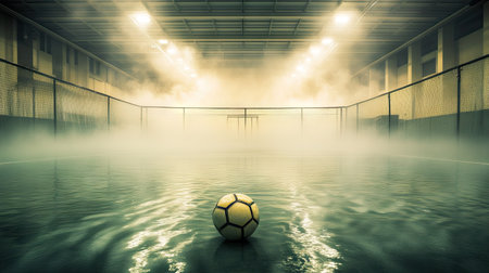 Soccer ball caught in netting, surrounded by misty steam in an empty stadium, with intense, moody lighting.の素材