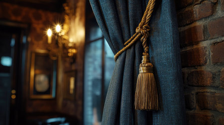 Textured curtain in deep color with a gold tassel tieback, captured in detail, enhancing the rich and warm feel of the space.の素材