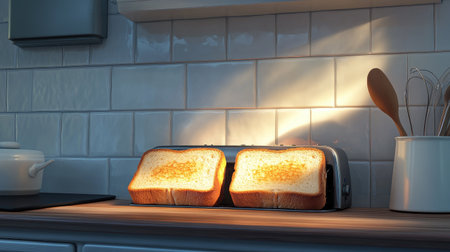 Two slices of toast in a toaster with golden edges, creating a cozy morning kitchen scene.の素材